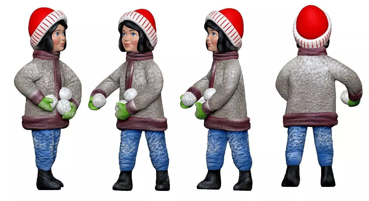 001357 girl in red winter hat snowballs in hands 3dp 3D print model_0