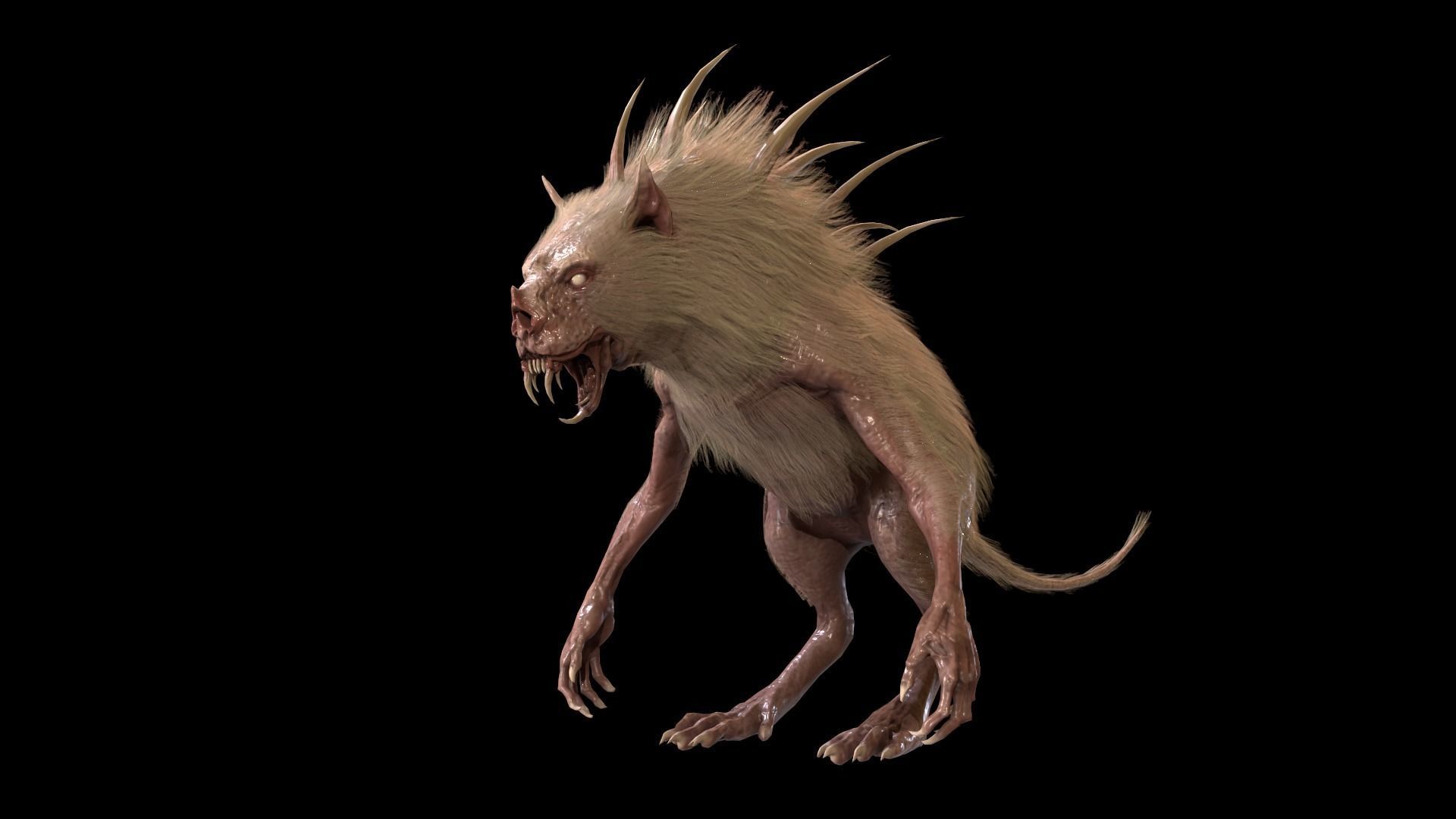 Chupocabra creature with long hair and spikes Low-poly 3D model_7