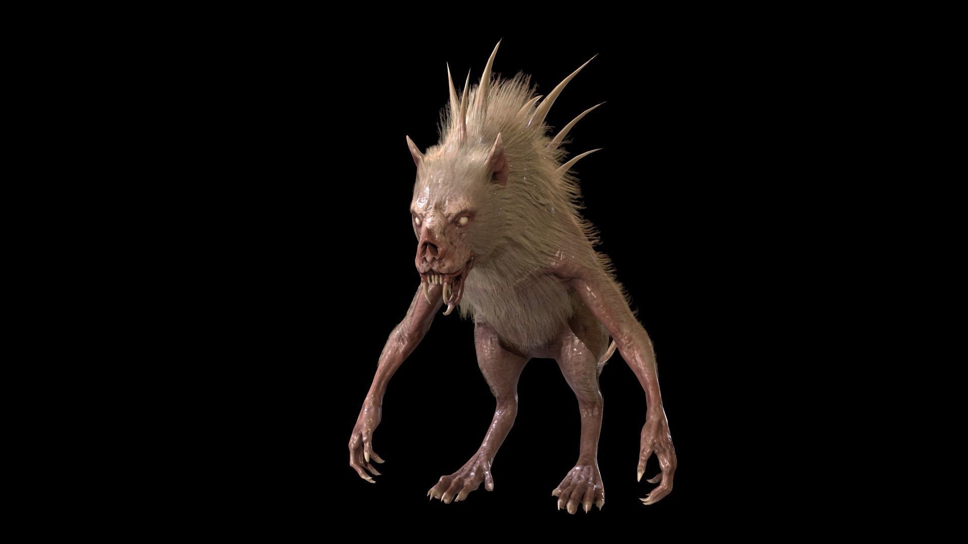 Chupocabra creature with long hair and spikes Low-poly 3D model_17