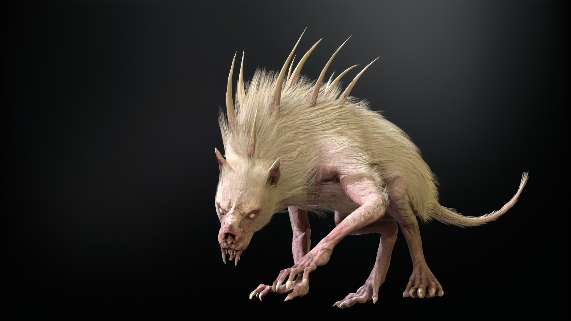 Chupocabra creature with long hair and spikes Low-poly 3D model_9