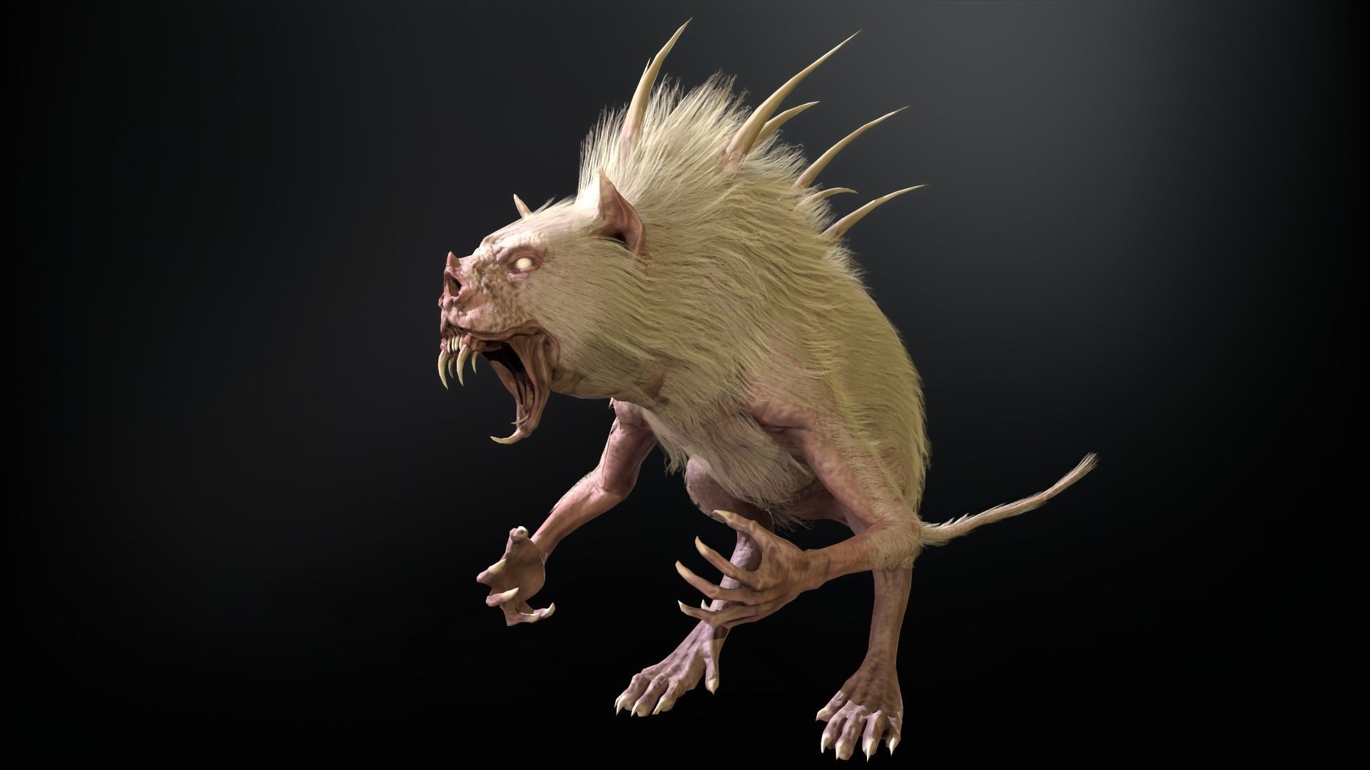Chupocabra creature with long hair and spikes Low-poly 3D model_31