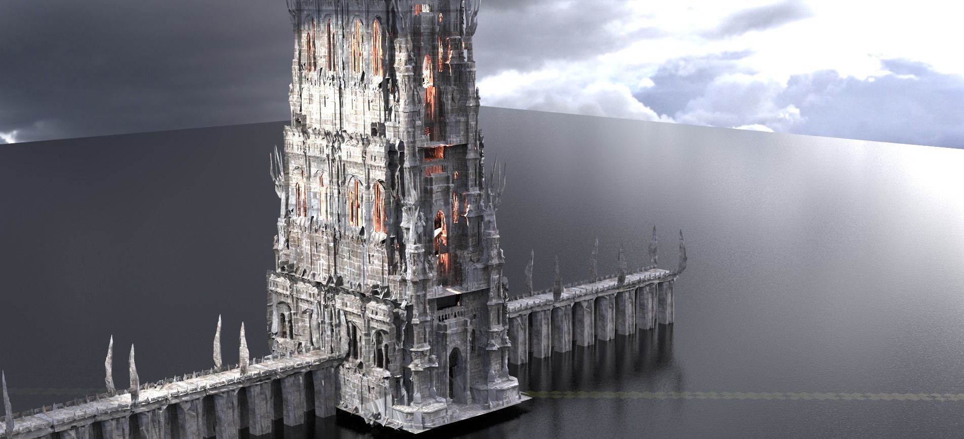 Dark Castle Tower with Bridge 3D model_1