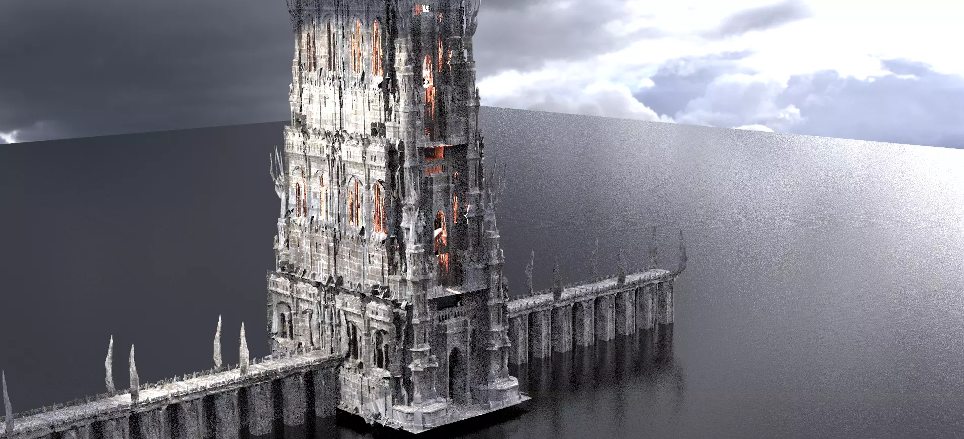 Dark Castle Tower with Bridge 3D model_0