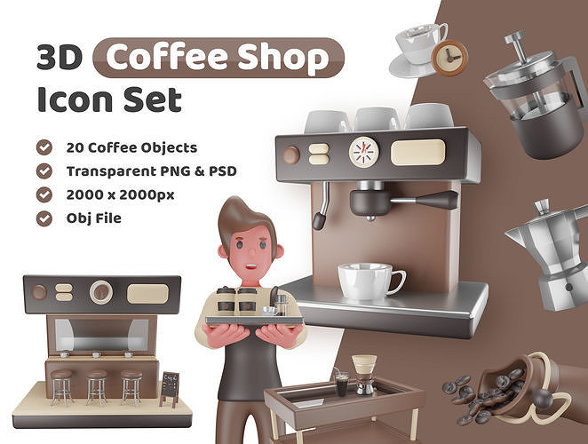 Coffee Shop Icon Pack Low-poly 3D model