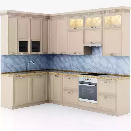 kitchen set with cabinets and tiles