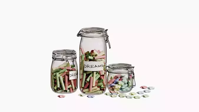 A decorative set of jars filled with dreams