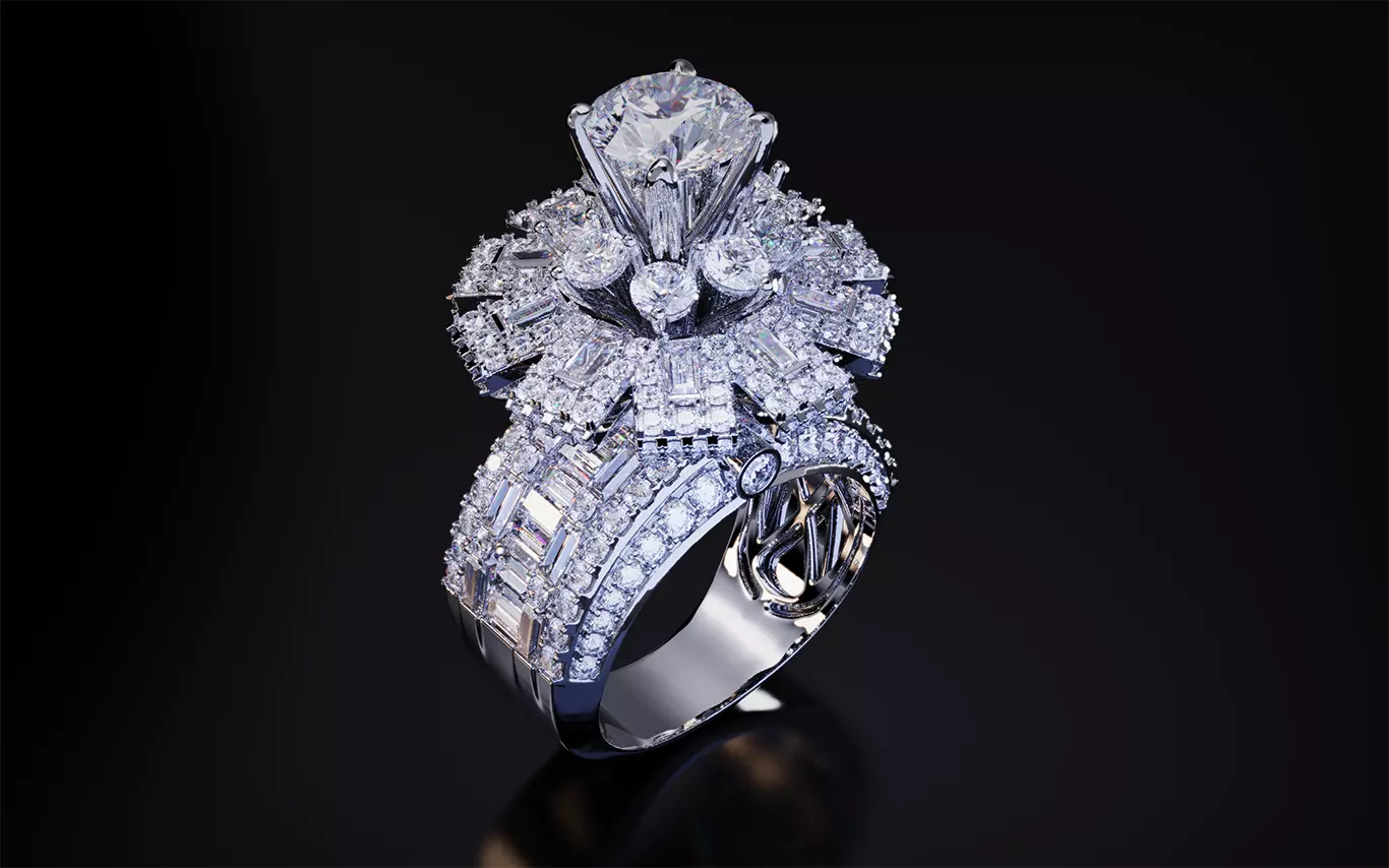 Halo Baguette Diamond Ring 3D print model_0