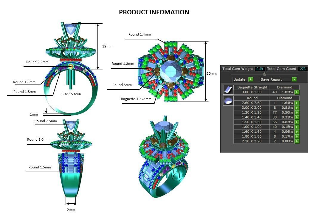 Halo Baguette Diamond Ring 3D print model_9