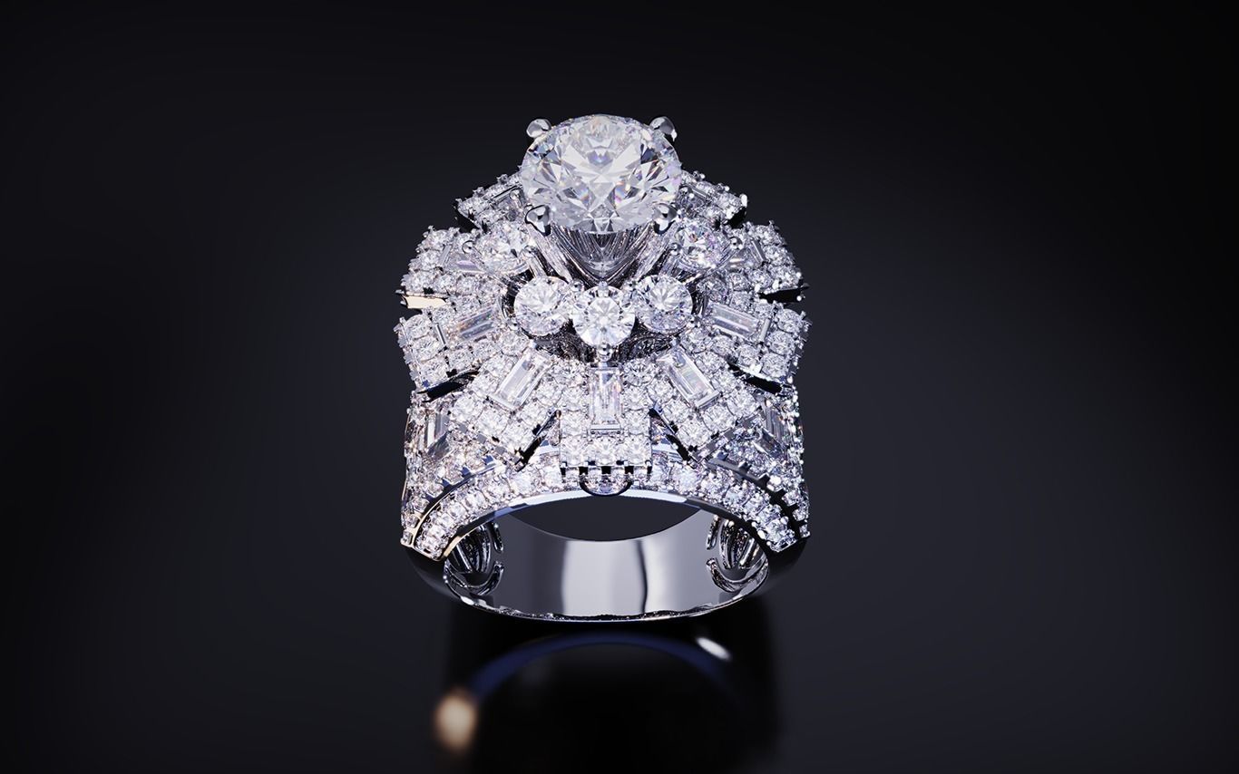 Halo Baguette Diamond Ring 3D print model_1