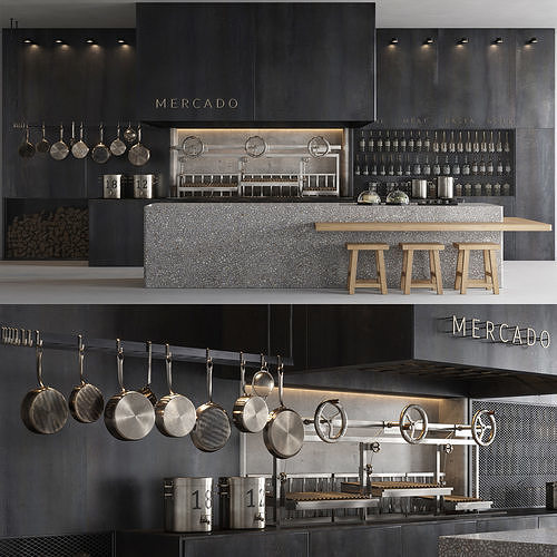 Restaurant kitchen with cabinets and stools 3D model