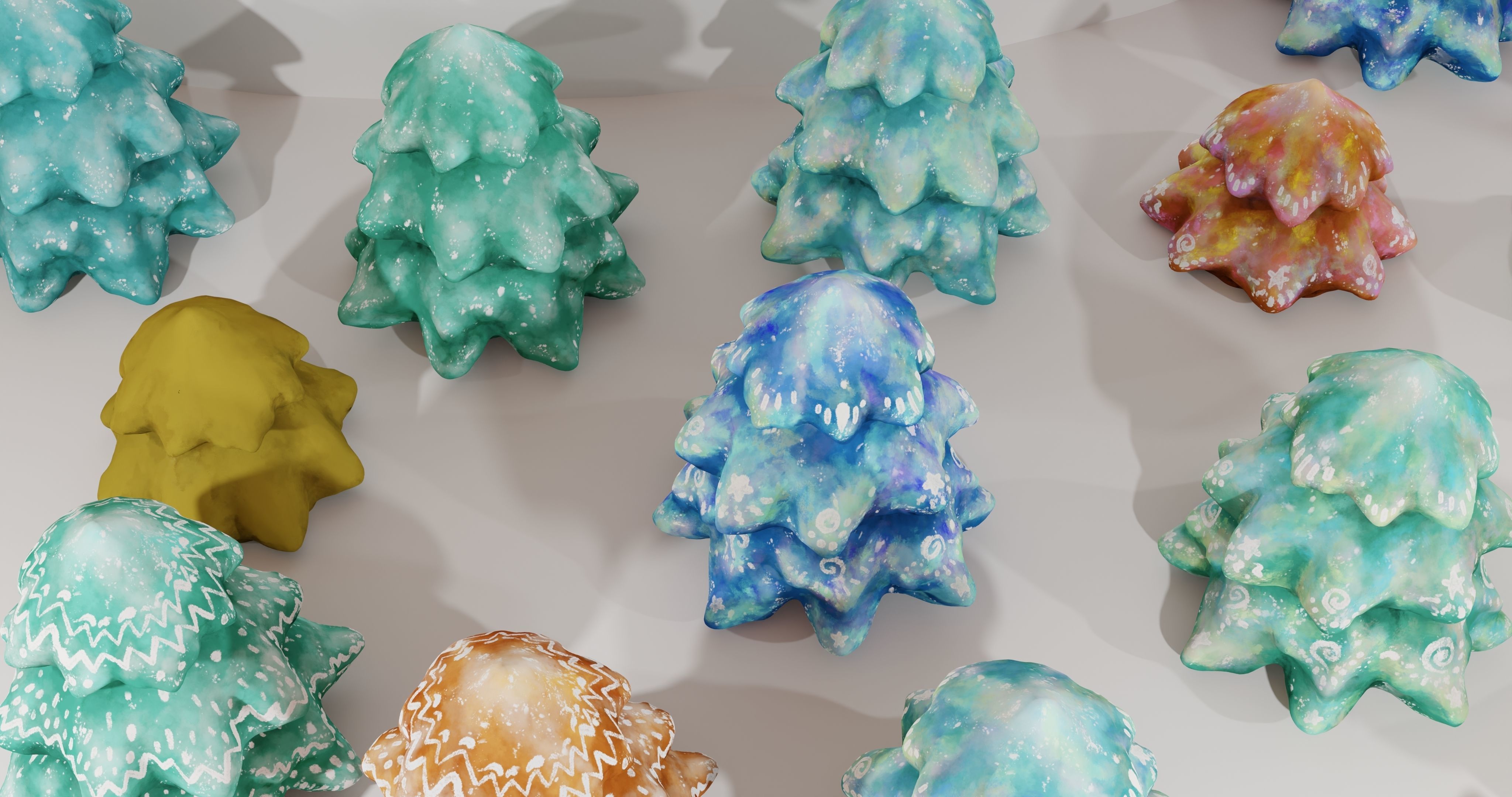 Cartoon Magic Watercolor Tree set 30 different colors - toon sky Low-poly 3D model_15