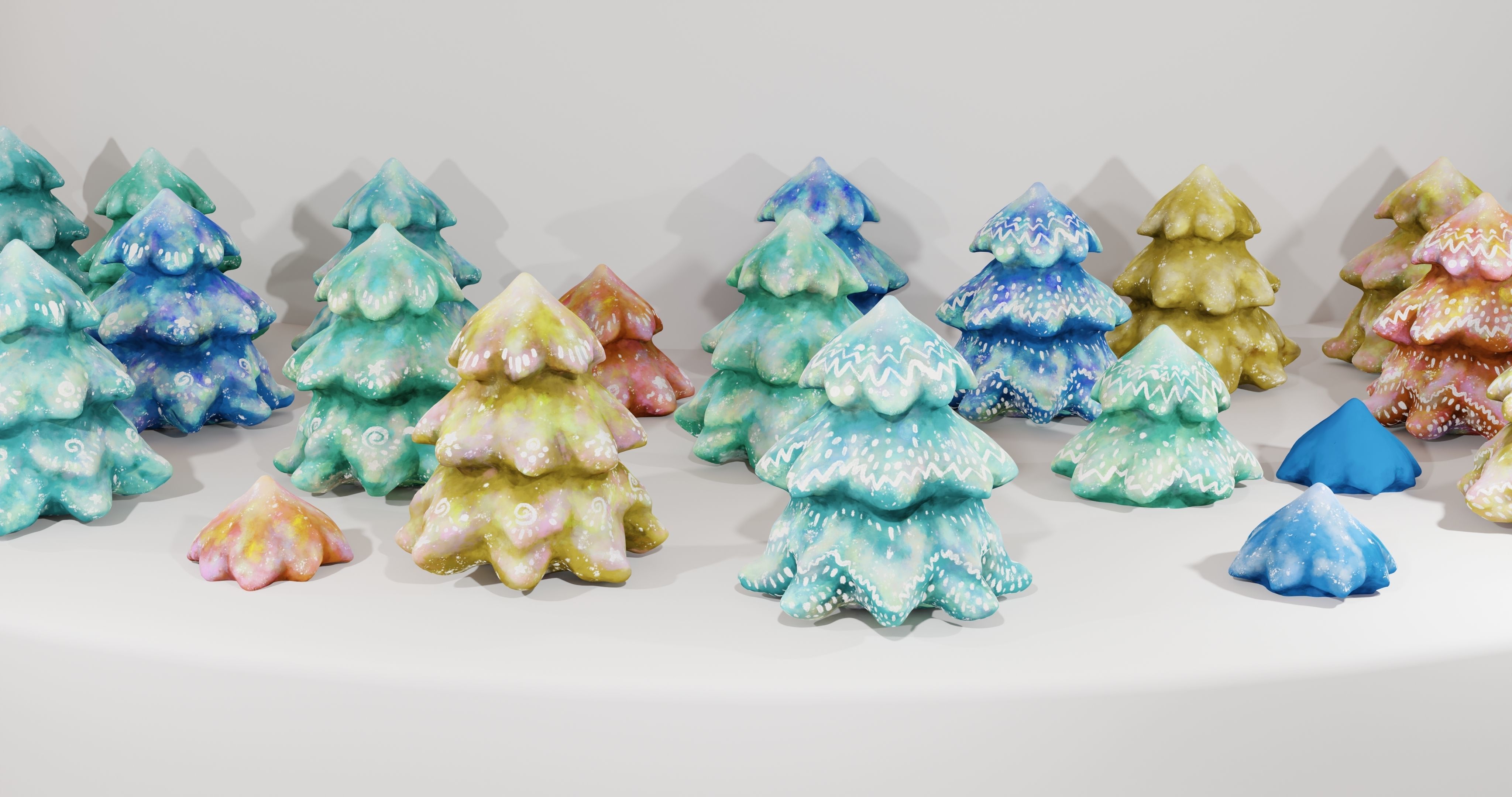 Cartoon Magic Watercolor Tree set 30 different colors - toon sky Low-poly 3D model_12