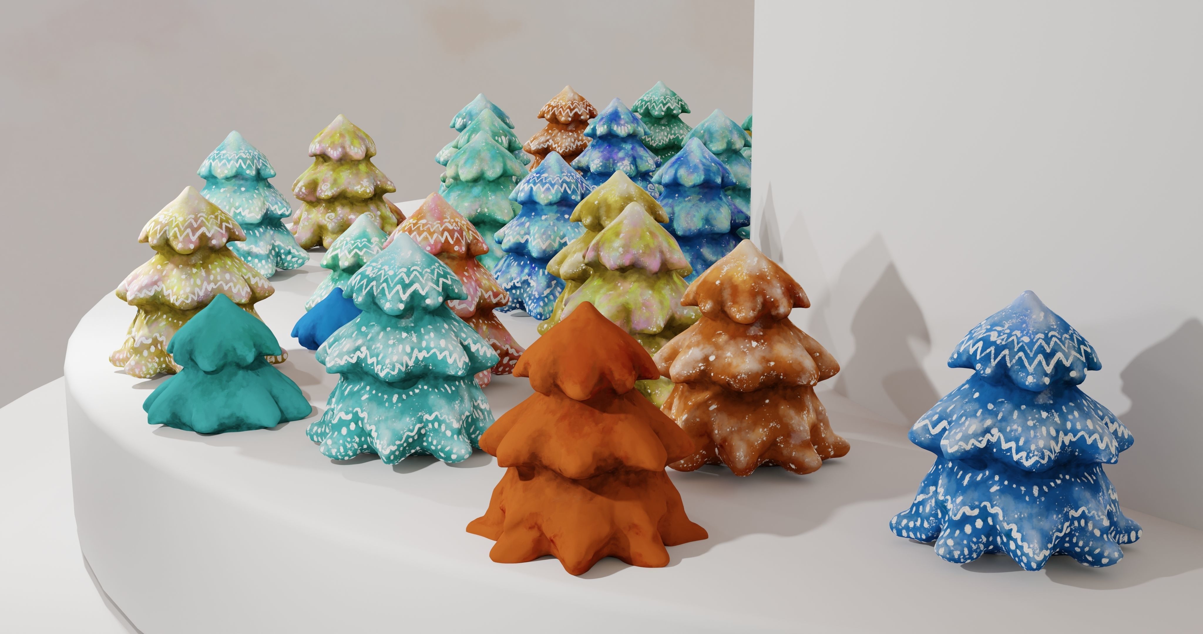 Cartoon Magic Watercolor Tree set 30 different colors - toon sky Low-poly 3D model_11