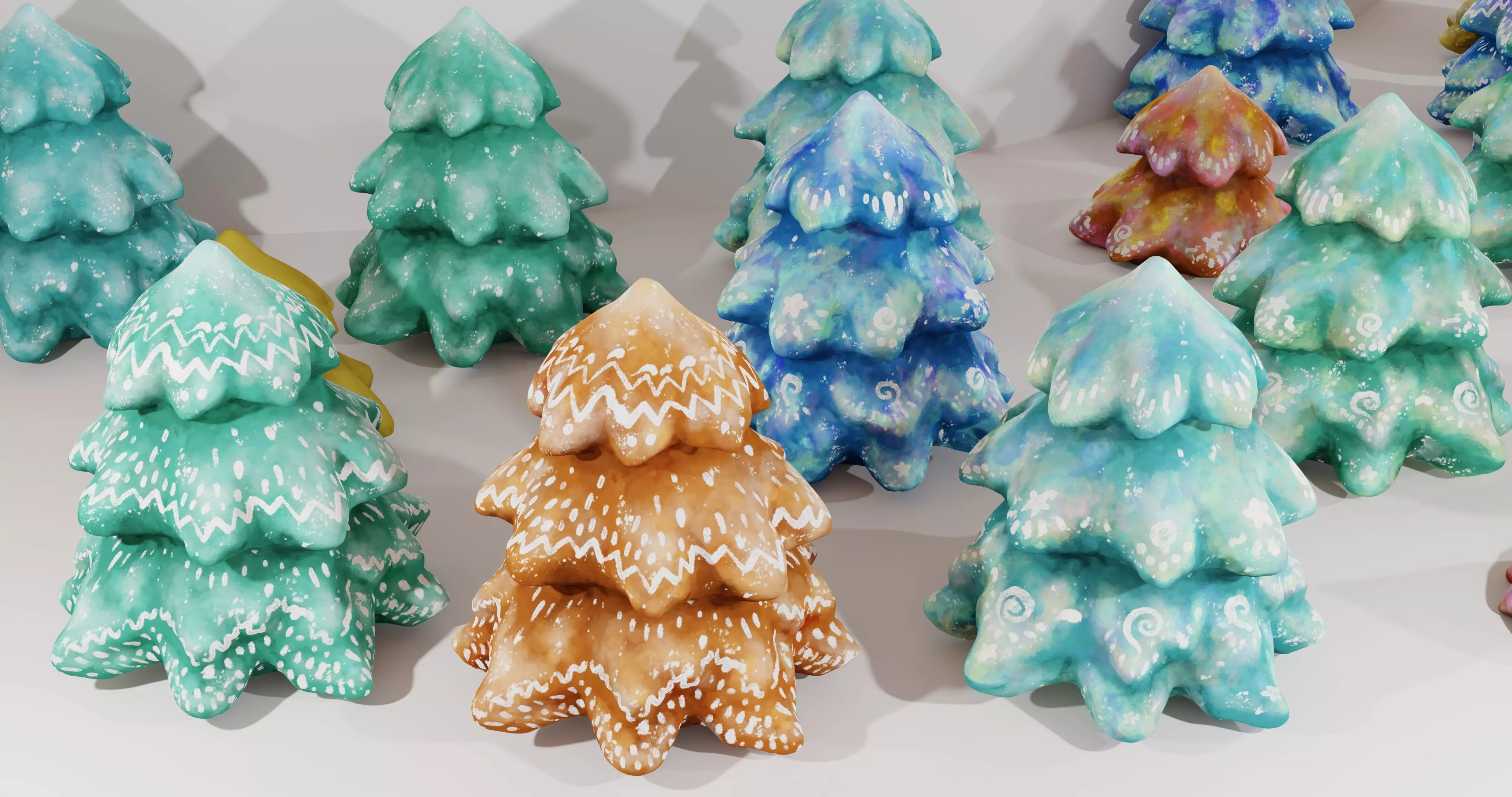 Cartoon Magic Watercolor Tree set 30 different colors - toon sky Low-poly 3D model_0