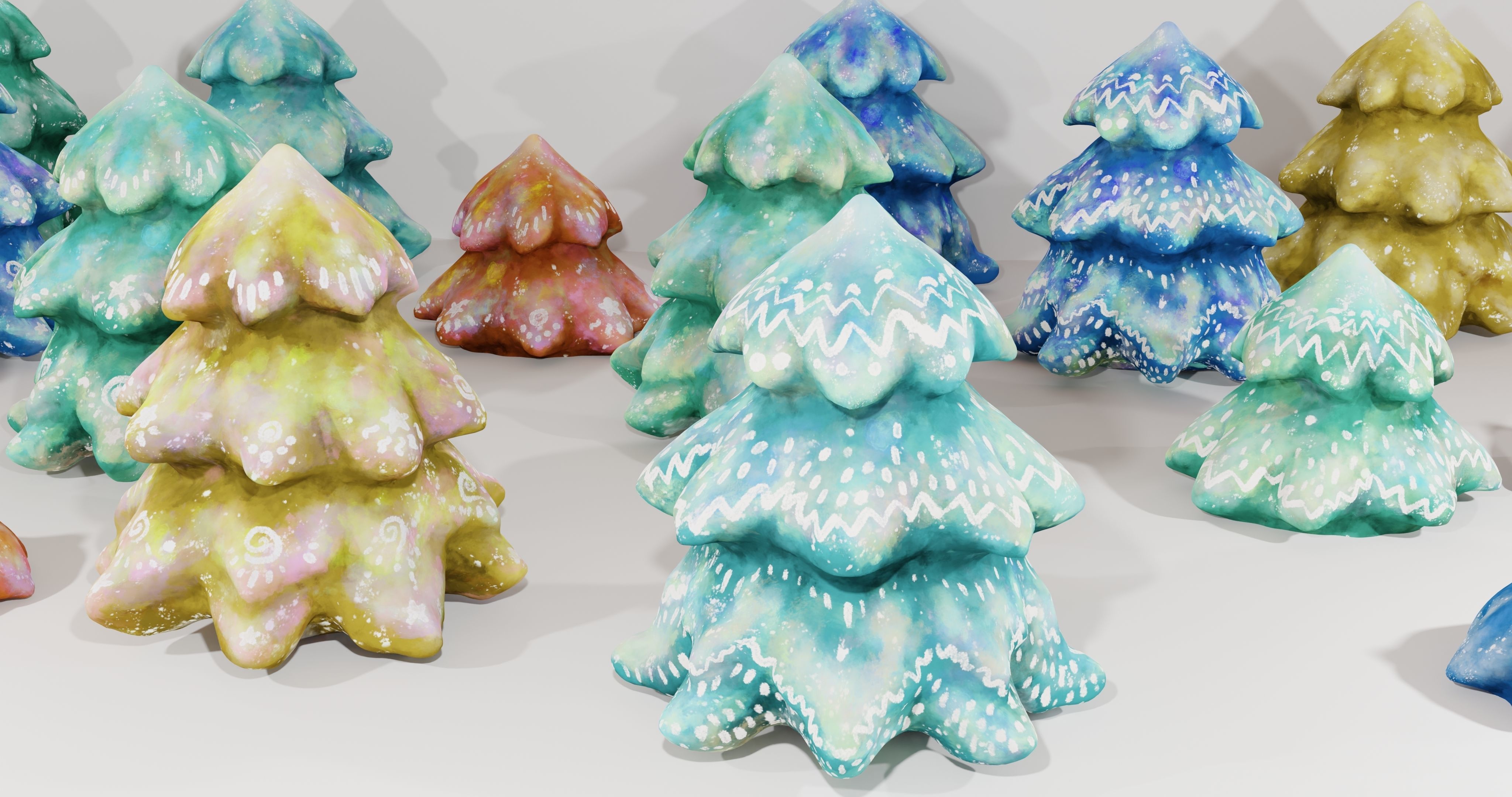 Cartoon Magic Watercolor Tree set 30 different colors - toon sky Low-poly 3D model_28