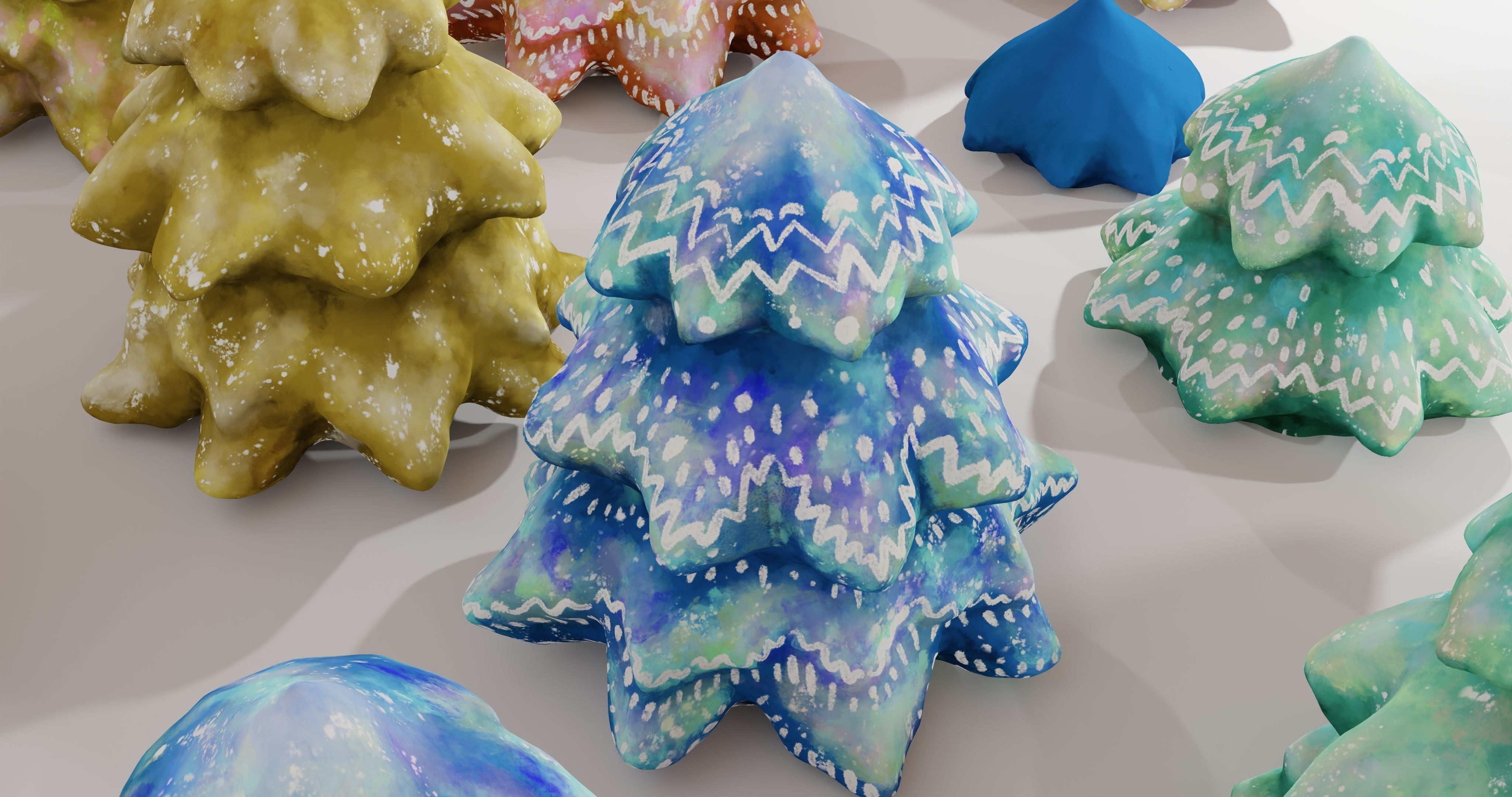 Cartoon Magic Watercolor Tree set 30 different colors - toon sky Low-poly 3D model_6