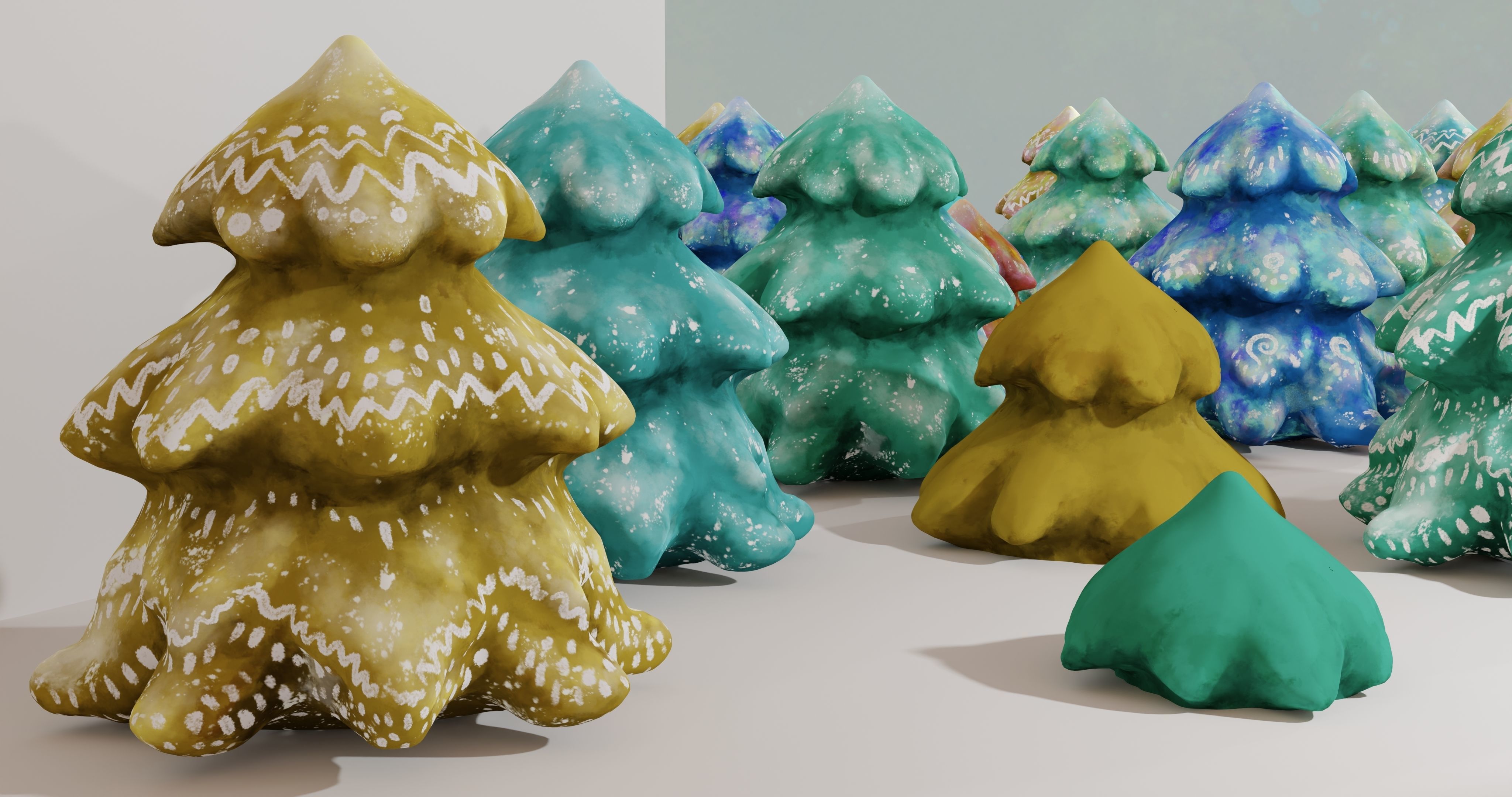 Cartoon Magic Watercolor Tree set 30 different colors - toon sky Low-poly 3D model_14