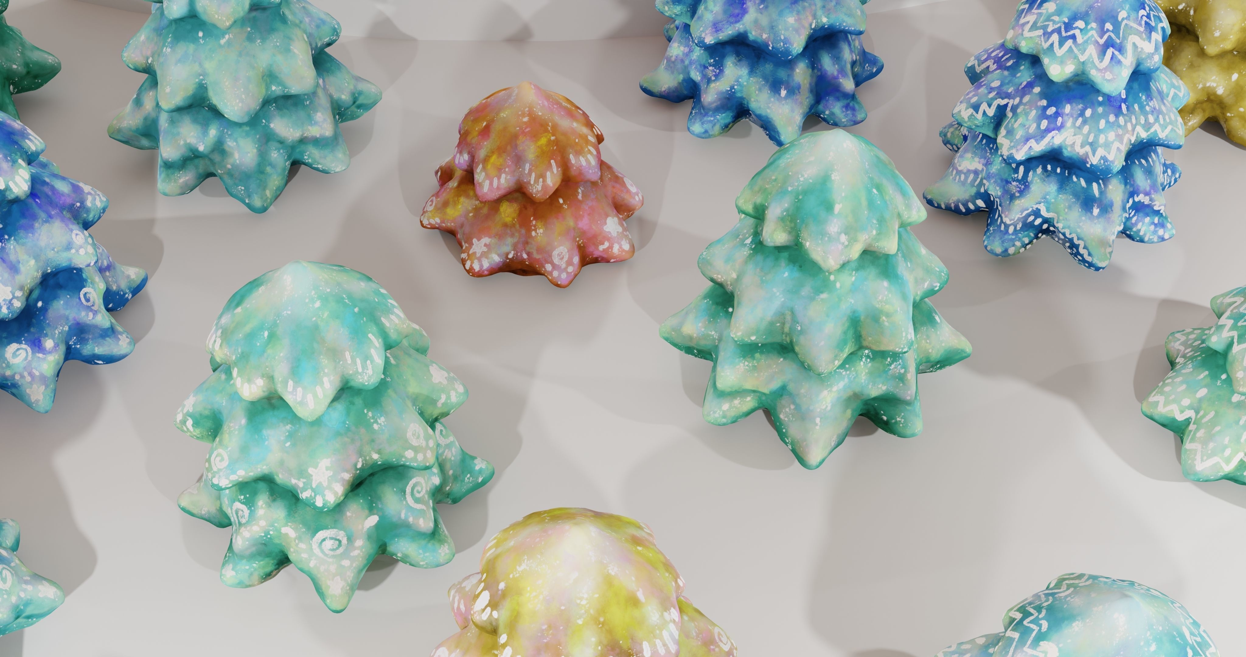 Cartoon Magic Watercolor Tree set 30 different colors - toon sky Low-poly 3D model_25