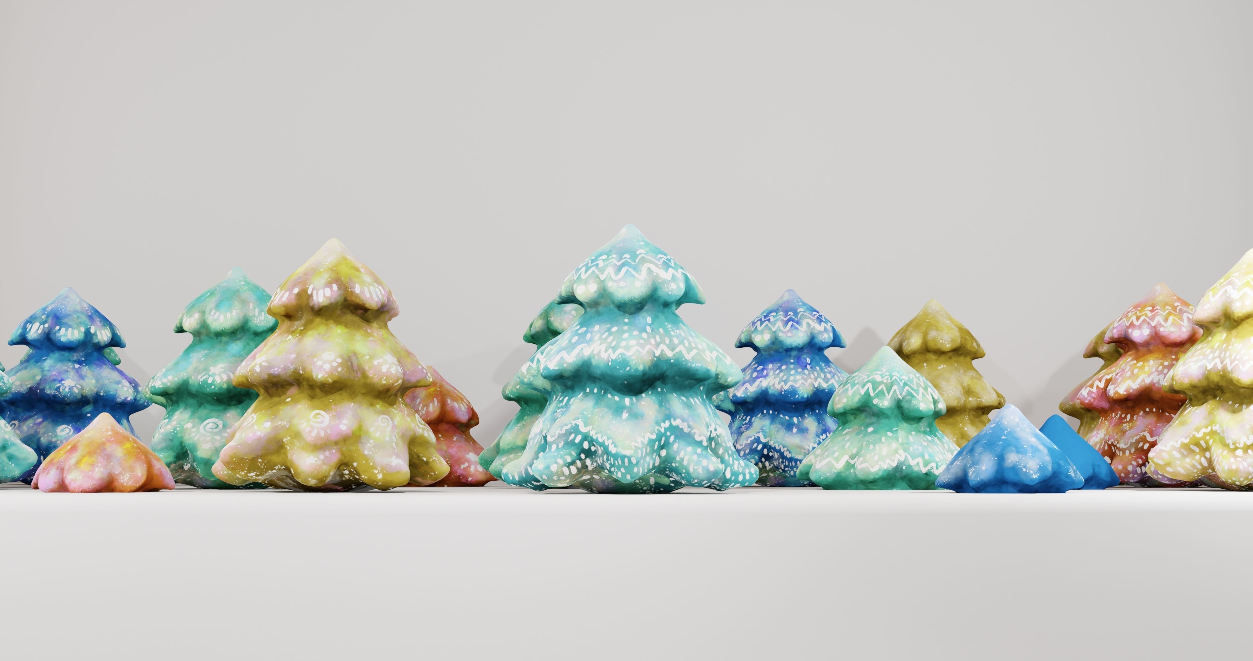 Cartoon Magic Watercolor Tree set 30 different colors - toon sky Low-poly 3D model_27