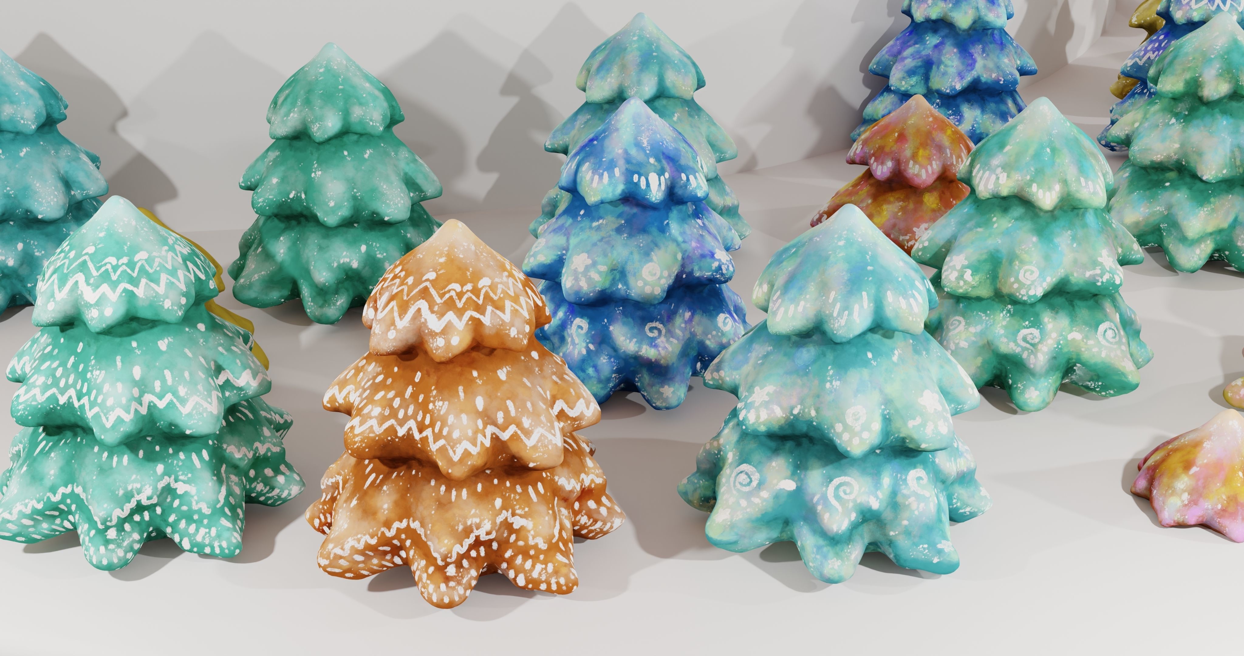 Cartoon Magic Watercolor Tree set 30 different colors - toon sky Low-poly 3D model_7