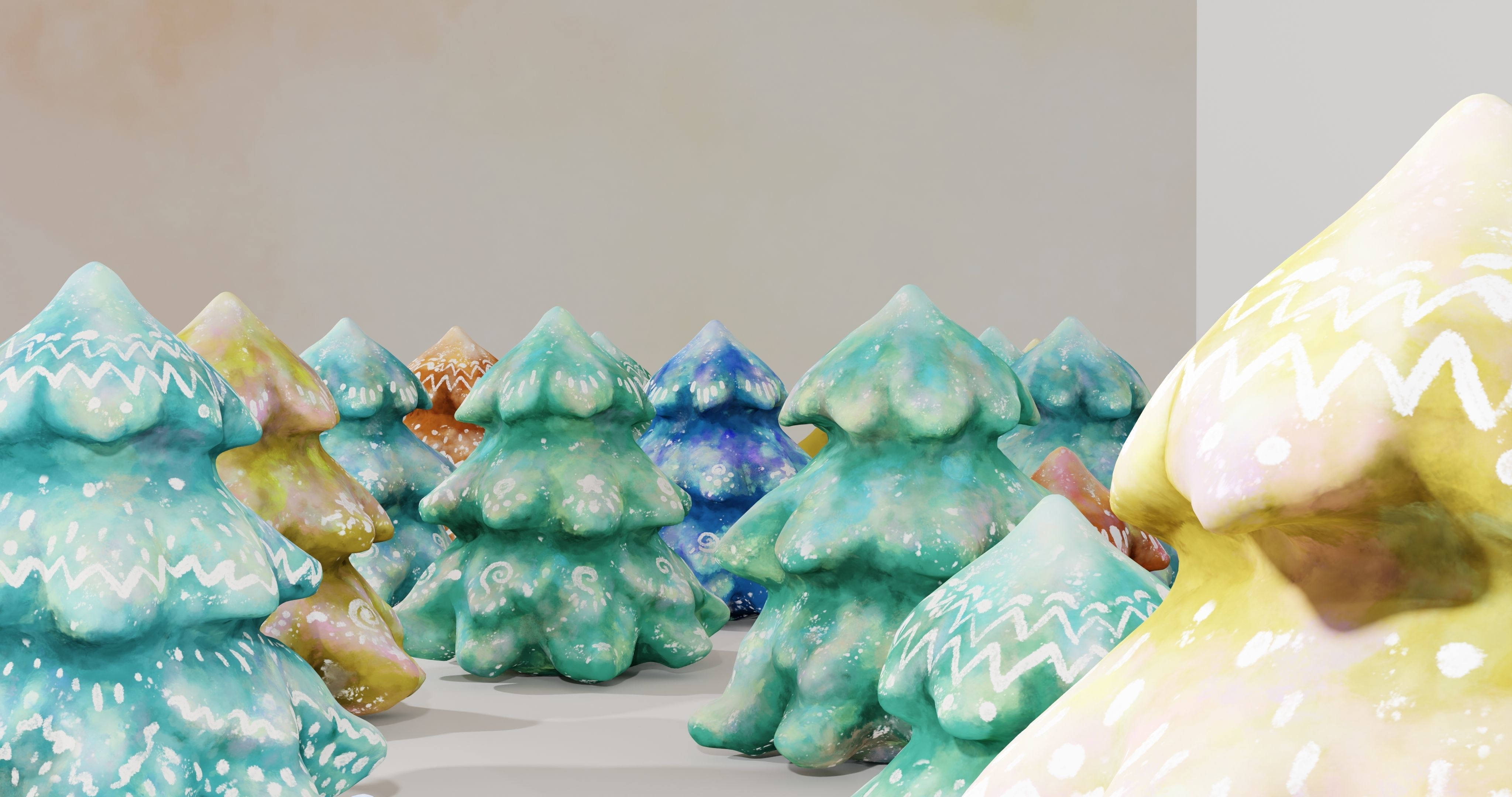 Cartoon Magic Watercolor Tree set 30 different colors - toon sky Low-poly 3D model_43