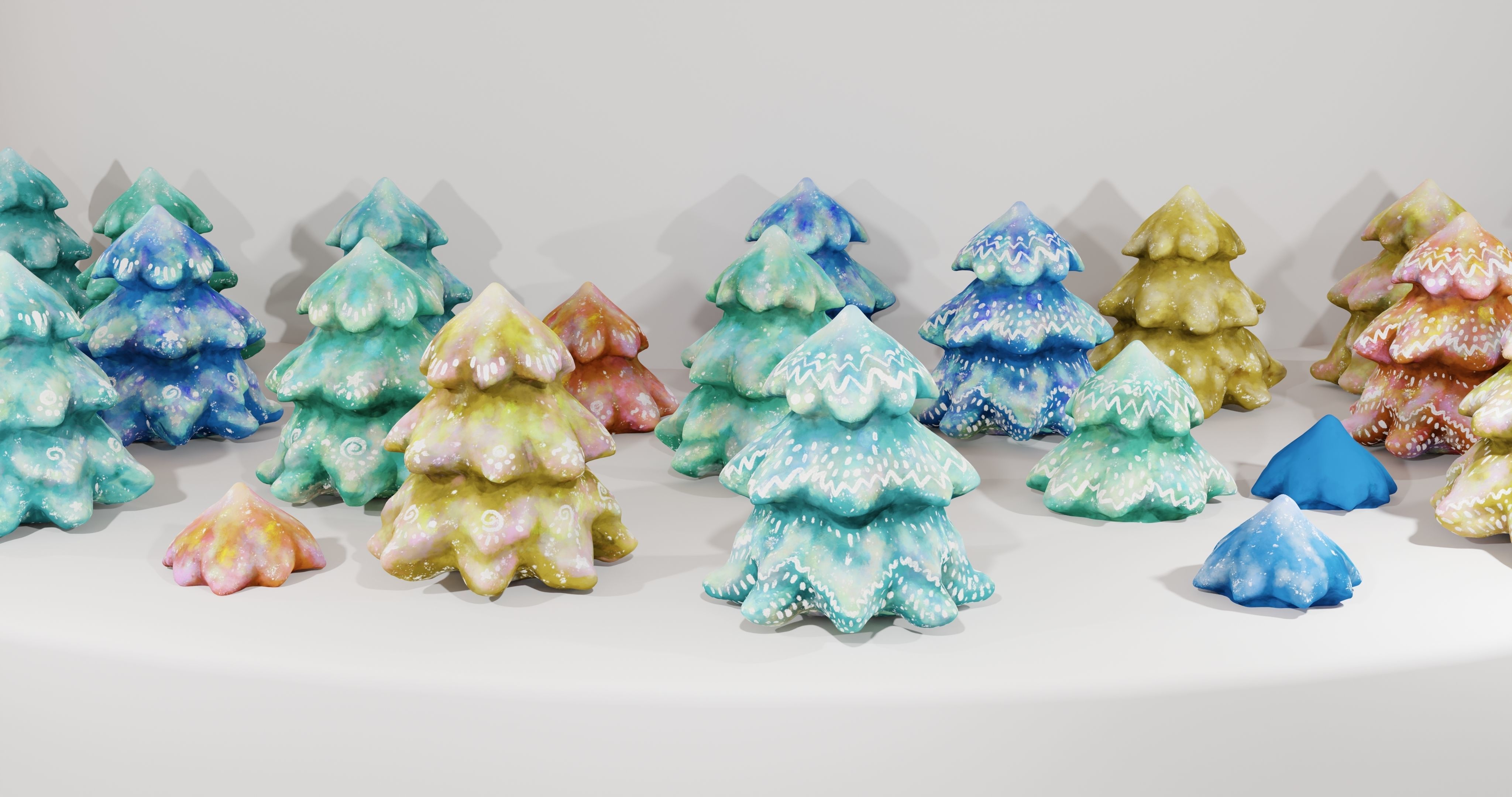 Cartoon Magic Watercolor Tree set 30 different colors - toon sky Low-poly 3D model_34