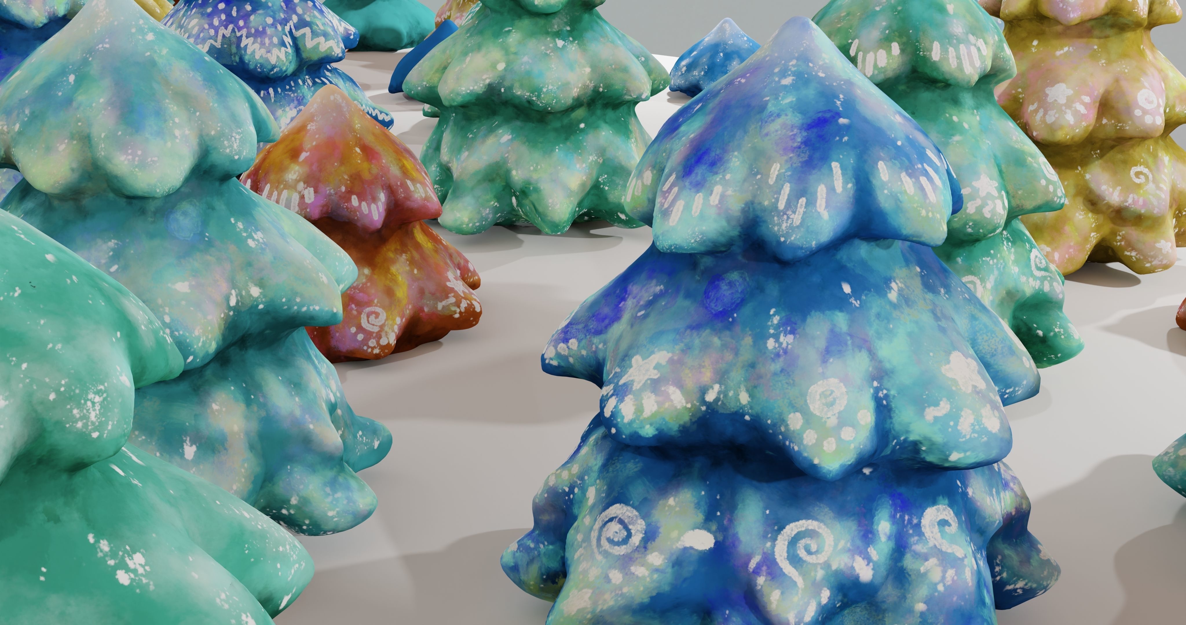 Cartoon Magic Watercolor Tree set 30 different colors - toon sky Low-poly 3D model_3