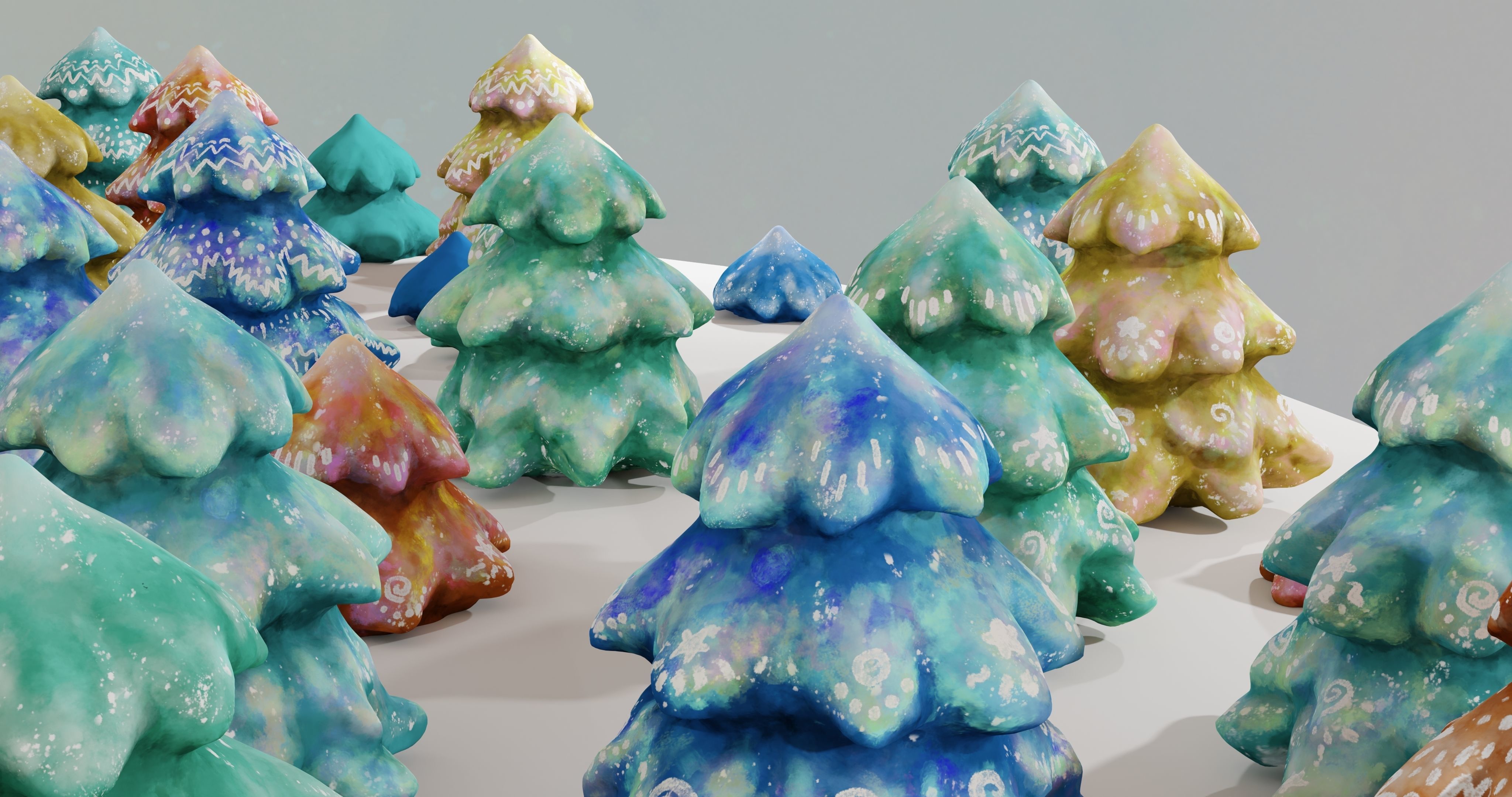 Cartoon Magic Watercolor Tree set 30 different colors - toon sky Low-poly 3D model_33