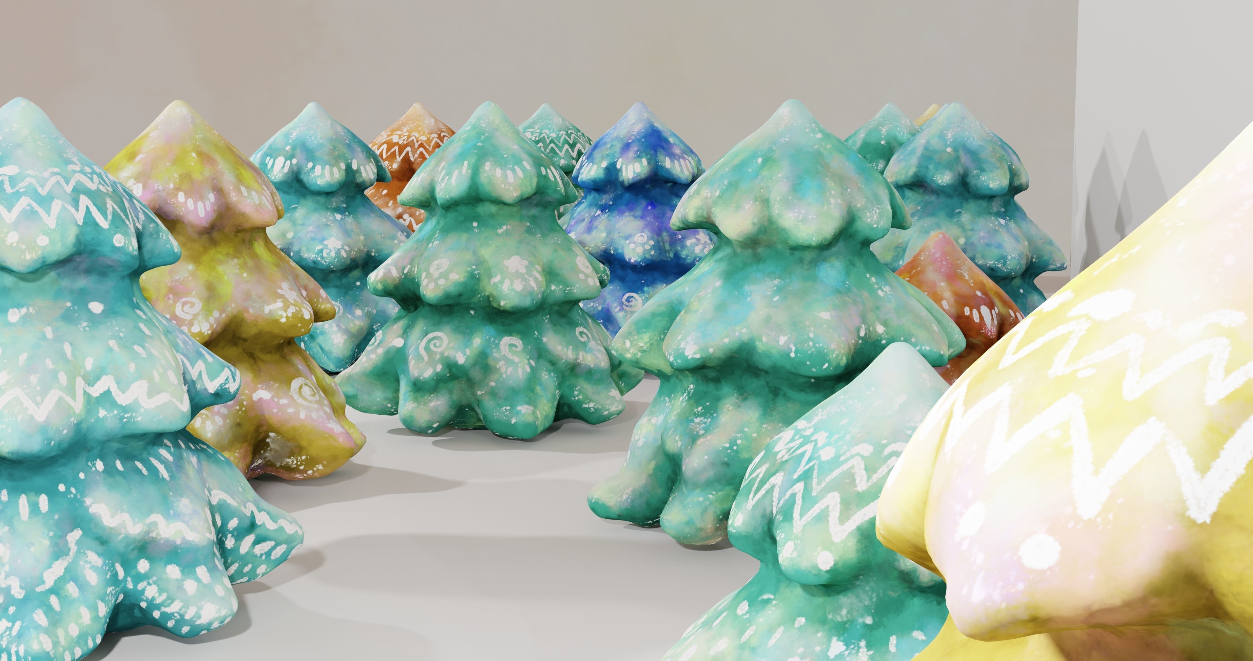 Cartoon Magic Watercolor Tree set 30 different colors - toon sky Low-poly 3D model_42