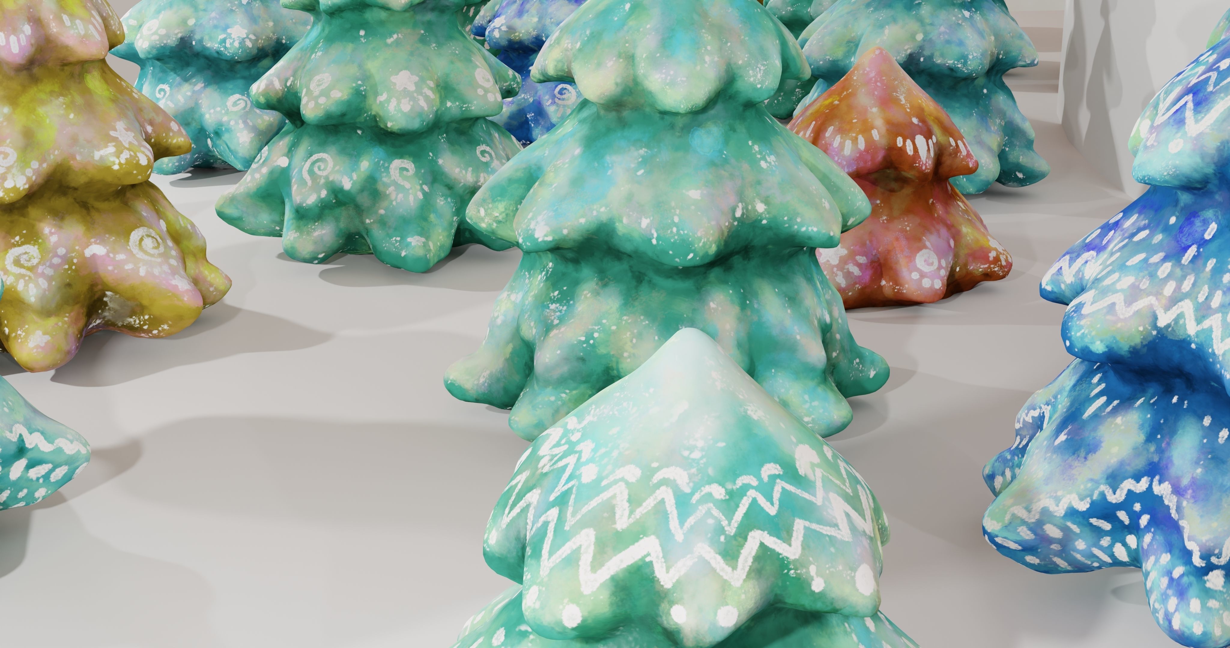 Cartoon Magic Watercolor Tree set 30 different colors - toon sky Low-poly 3D model_10