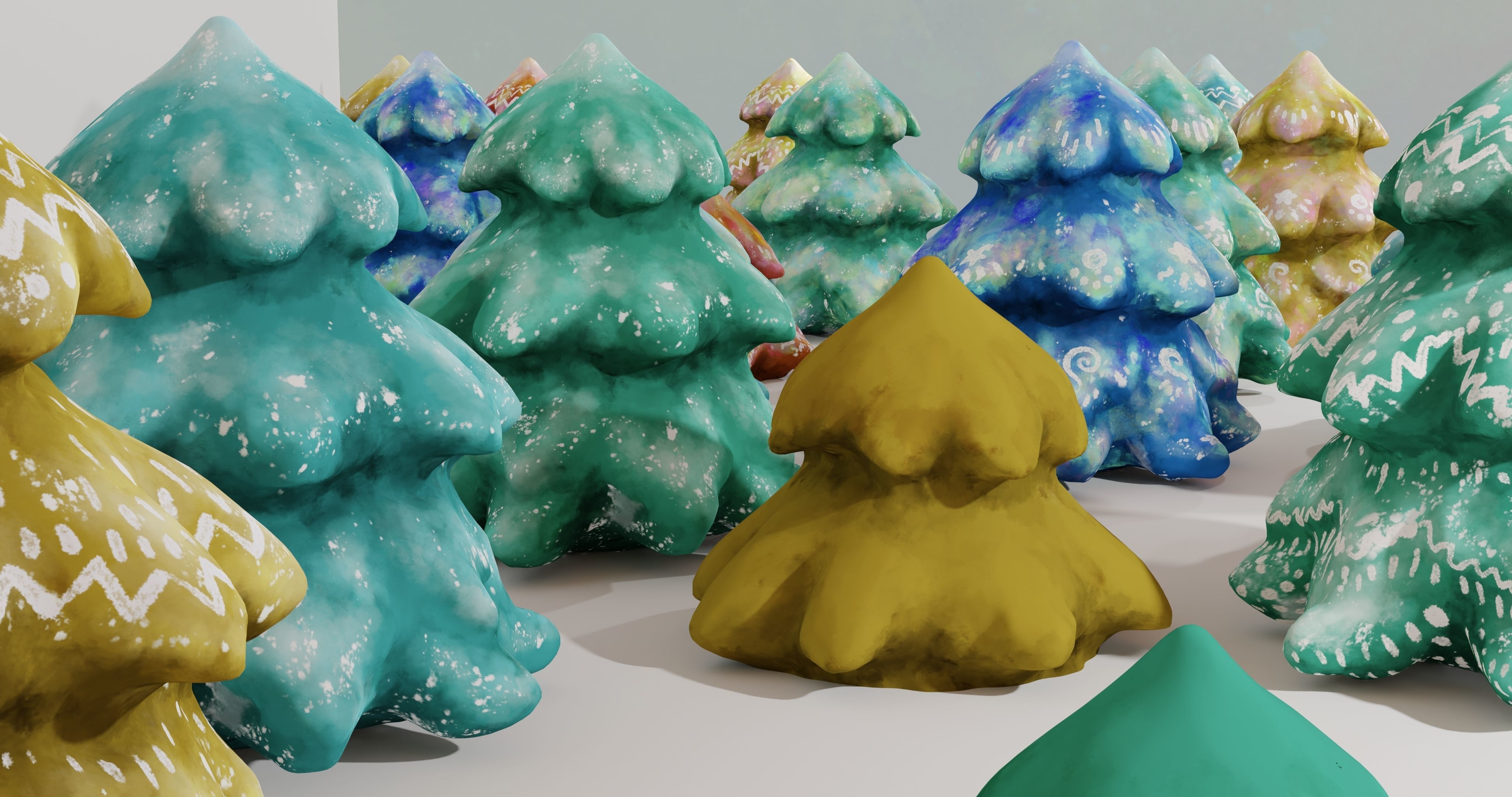 Cartoon Magic Watercolor Tree set 30 different colors - toon sky Low-poly 3D model_18