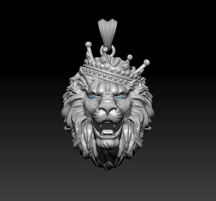 lion necklace with crown eye gem 3D print model_2