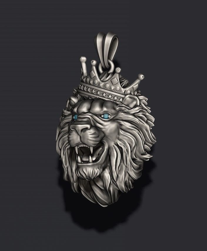 lion necklace with crown eye gem 3D print model_1