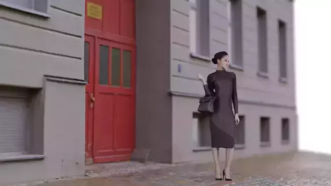 Grey wall with red door Facade 3D model