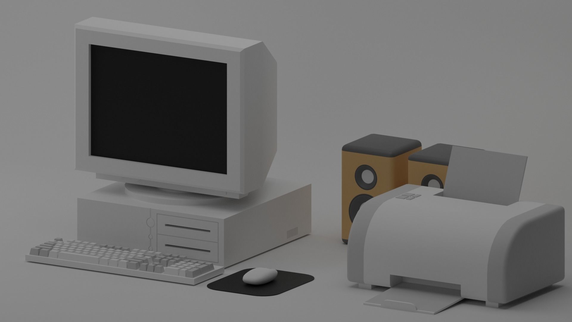 Cartoon Old Computer and Printer Low-poly 3D model_4
