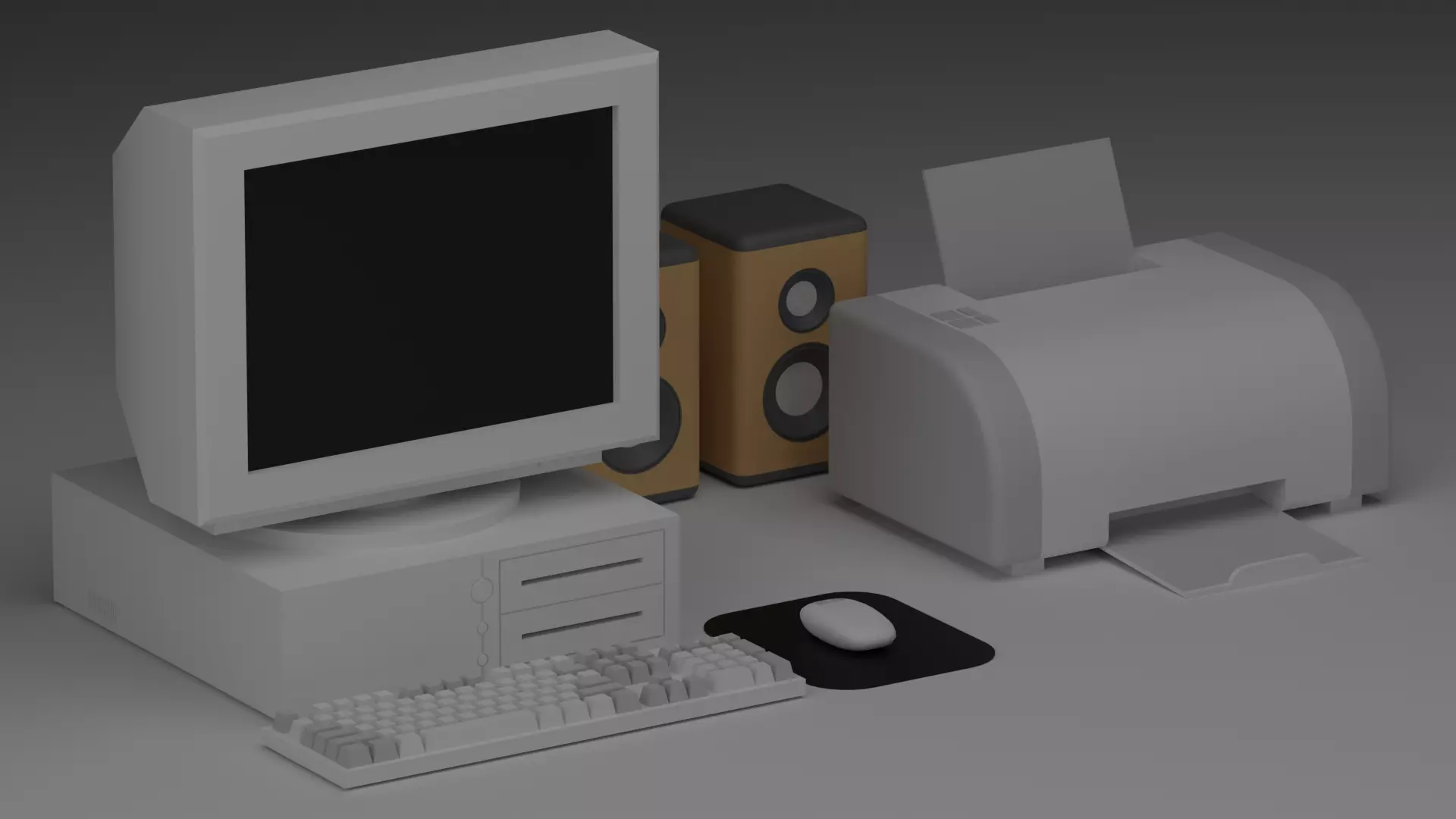 Cartoon Old Computer and Printer Low-poly 3D model_0