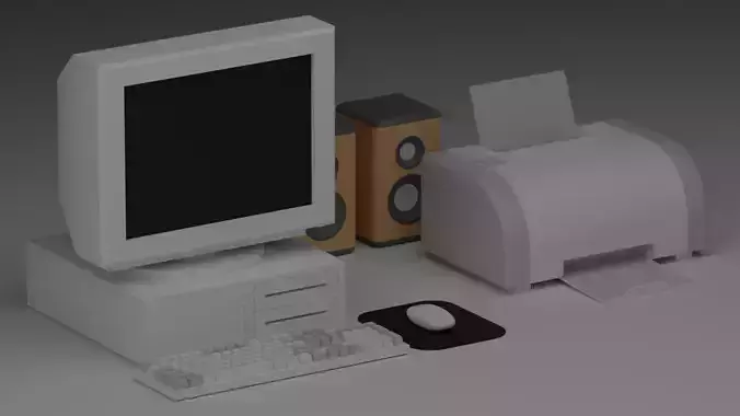 Cartoon Old Computer and Printer