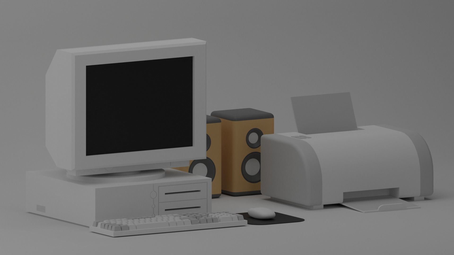 Cartoon Old Computer and Printer Low-poly 3D model_2