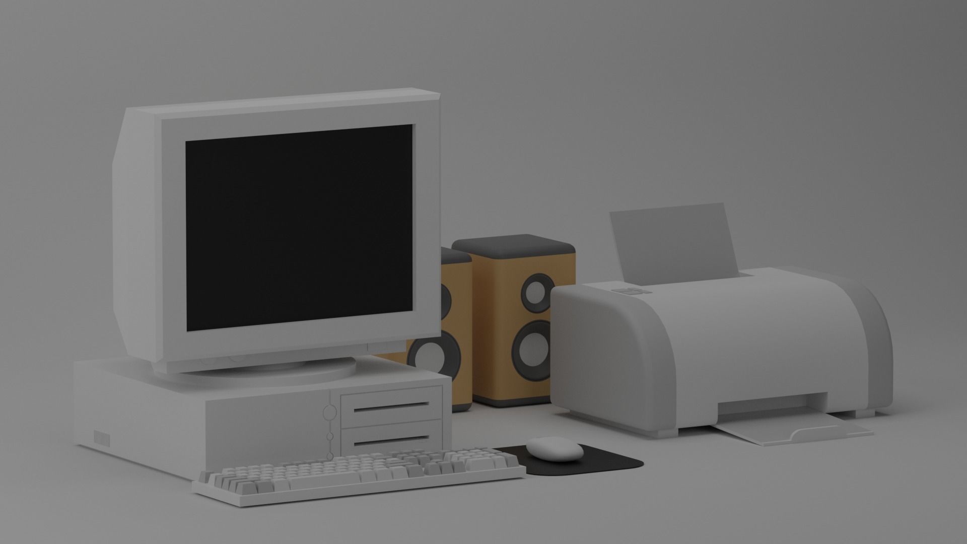 Cartoon Old Computer and Printer Low-poly 3D model_5