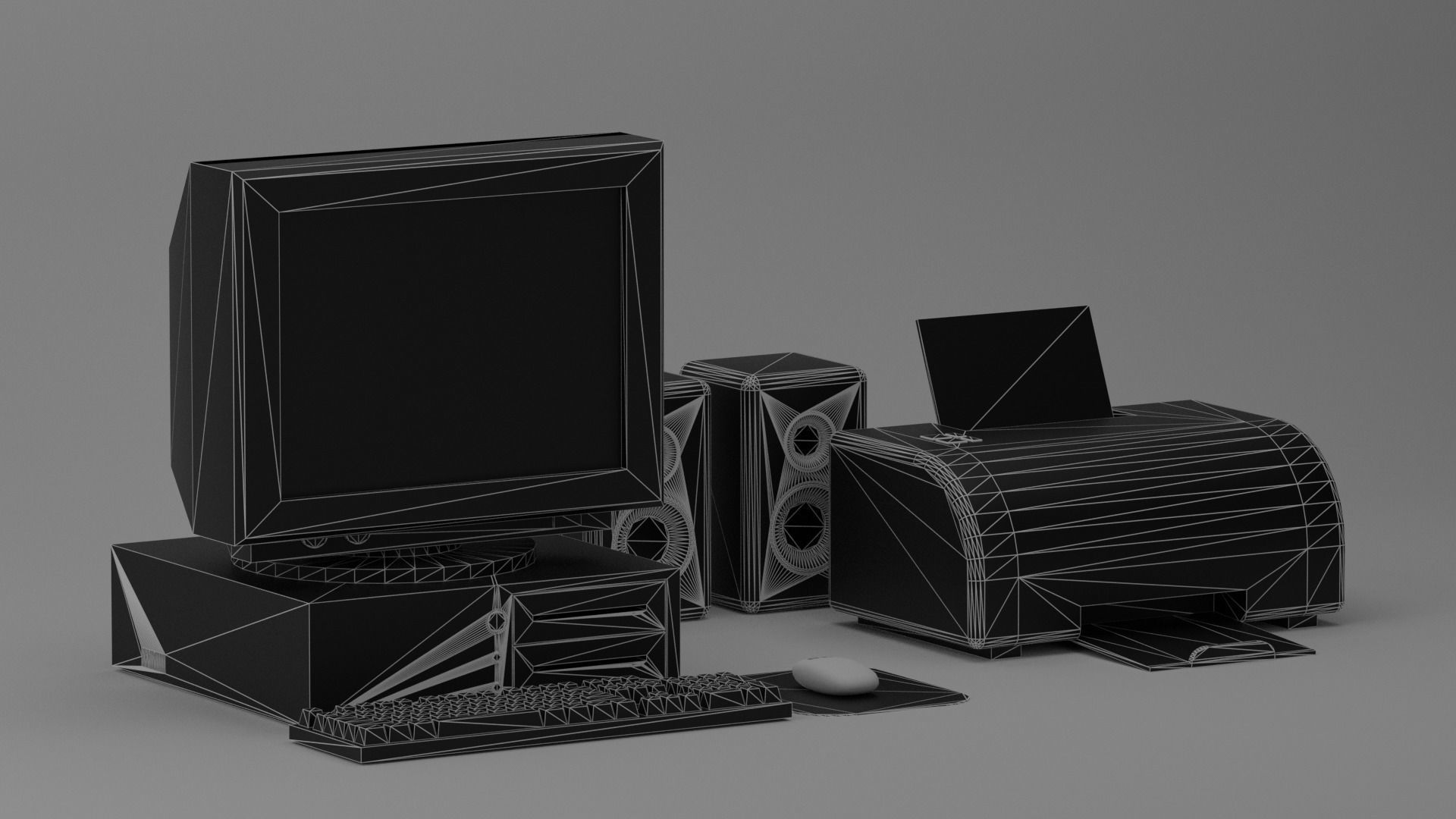 Cartoon Old Computer and Printer Low-poly 3D model_6