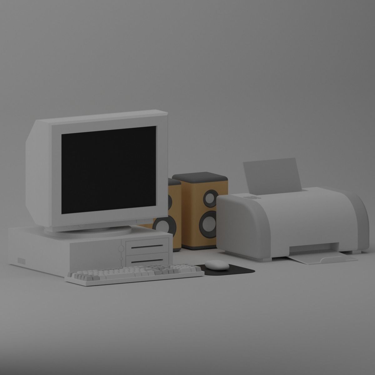 Cartoon Old Computer and Printer Low-poly 3D model_9