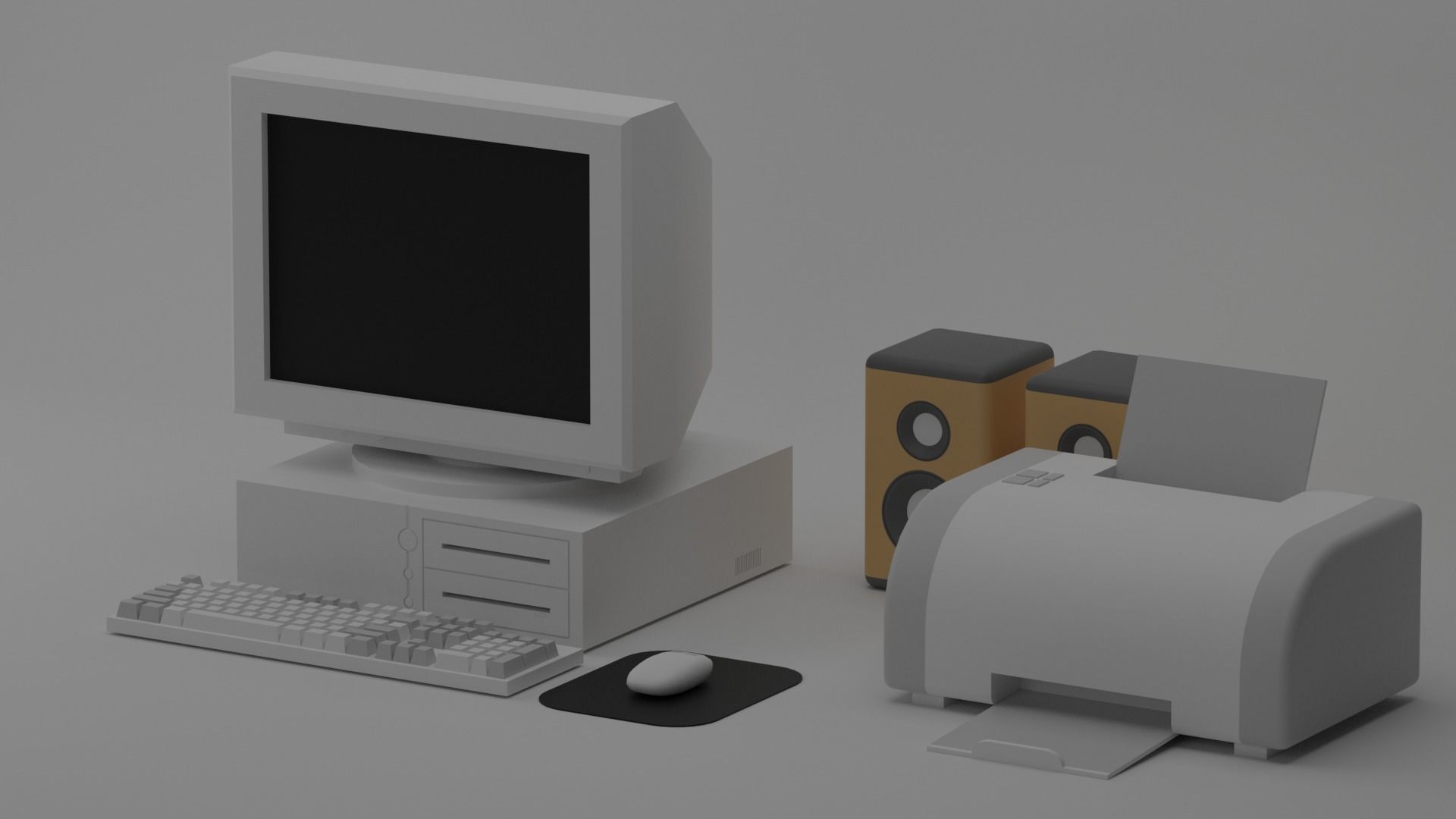 Cartoon Old Computer and Printer Low-poly 3D model_3