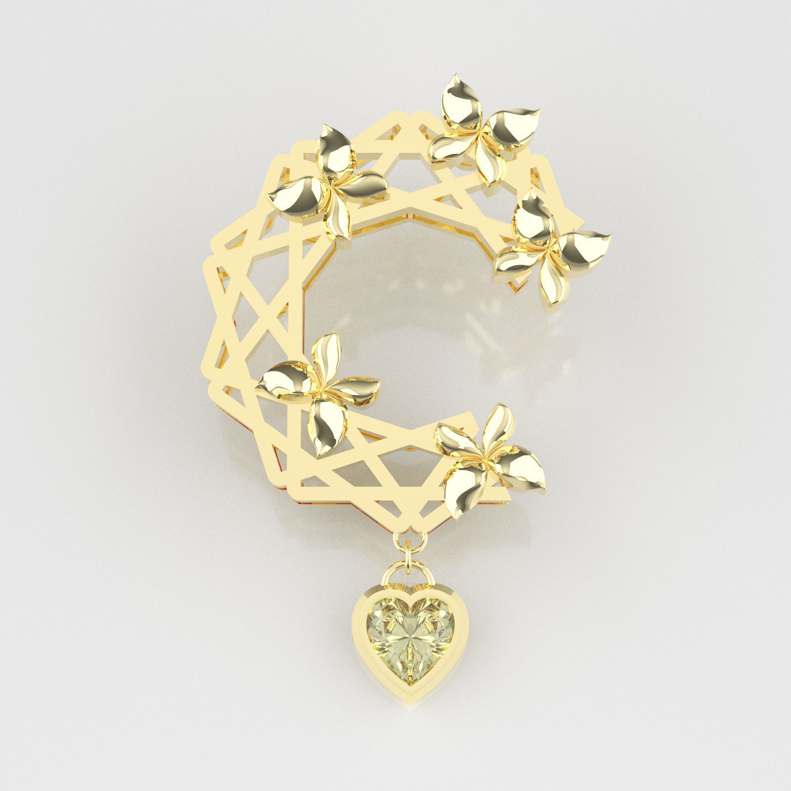 Nar103 gold plated brooch with flower and heart 3D print model_1