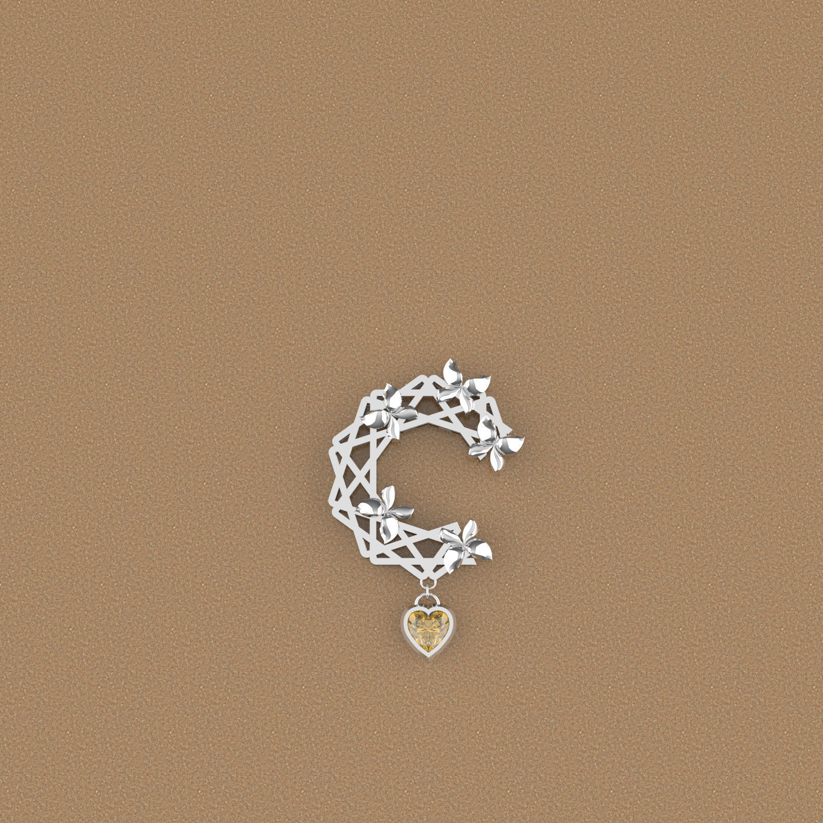 Nar103 gold plated brooch with flower and heart 3D print model_3