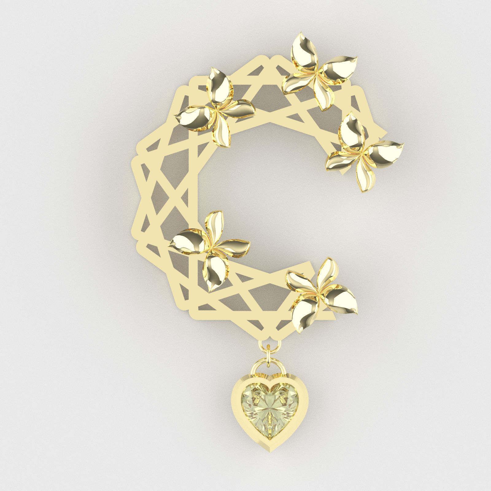 Nar103 gold plated brooch with flower and heart 3D print model_2