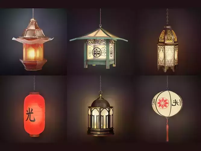 6 AsianLantern copper lantern hanging 3D Model Collection