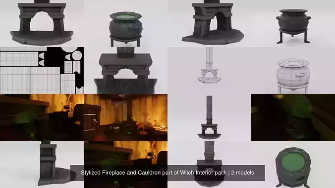 Stylized Fireplace and Cauldron part of Witch Interior pack