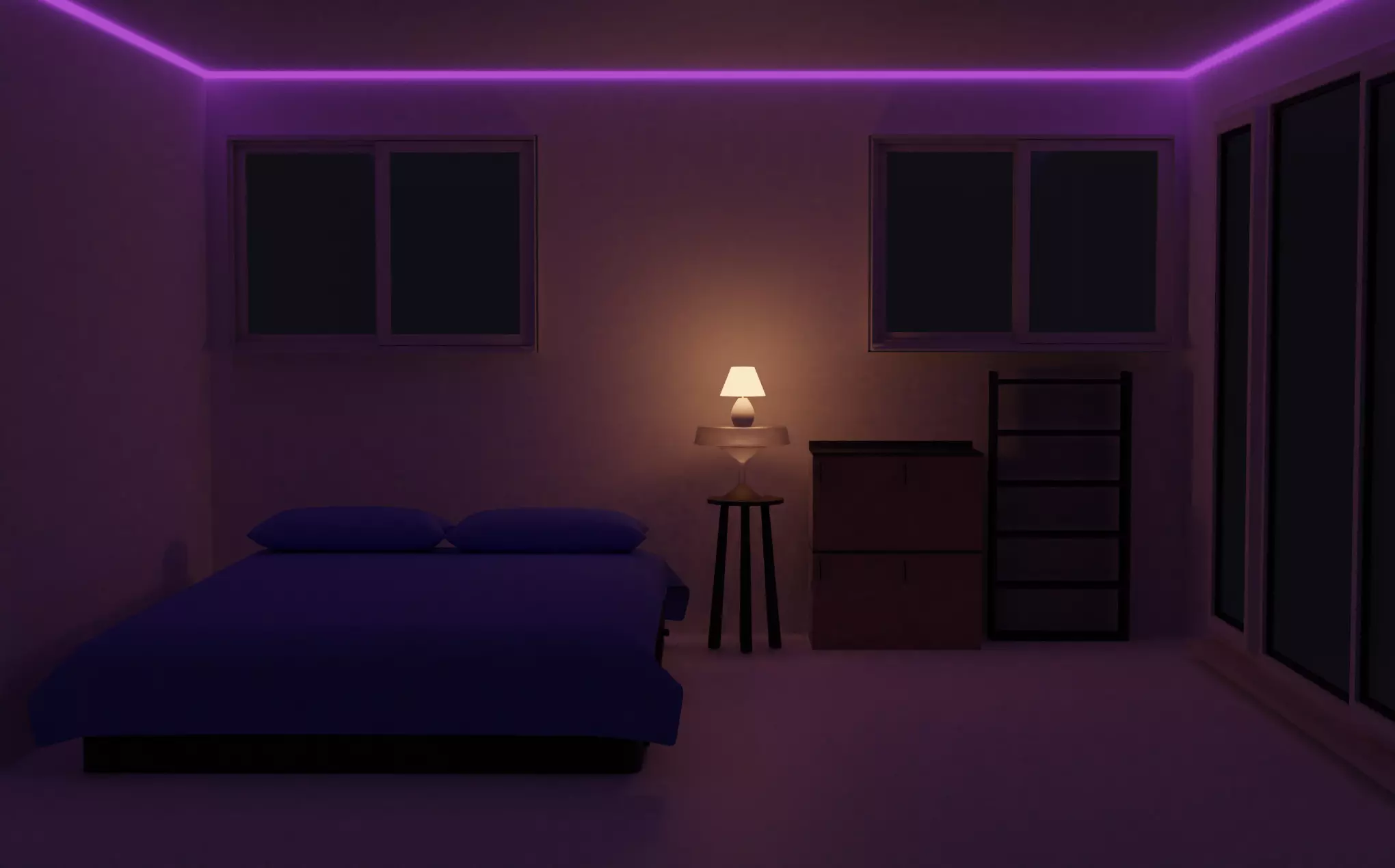 Interior 3D room with lighting and bed Free 3D model_0
