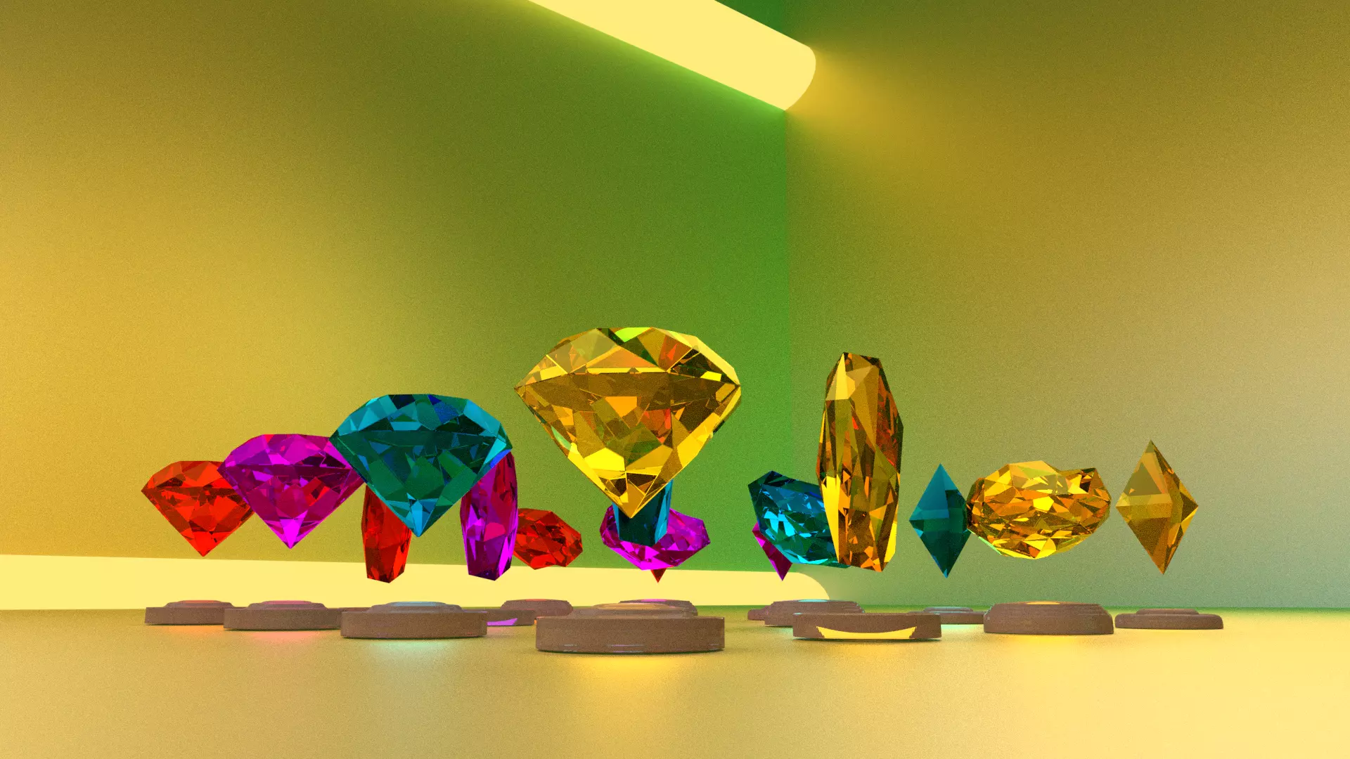 Low Poly Diamonds colorful gems on table Low-poly 3D model_0