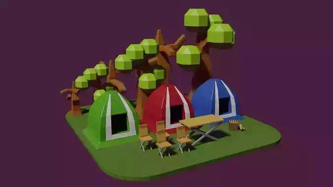 Camping set of tents and trees
